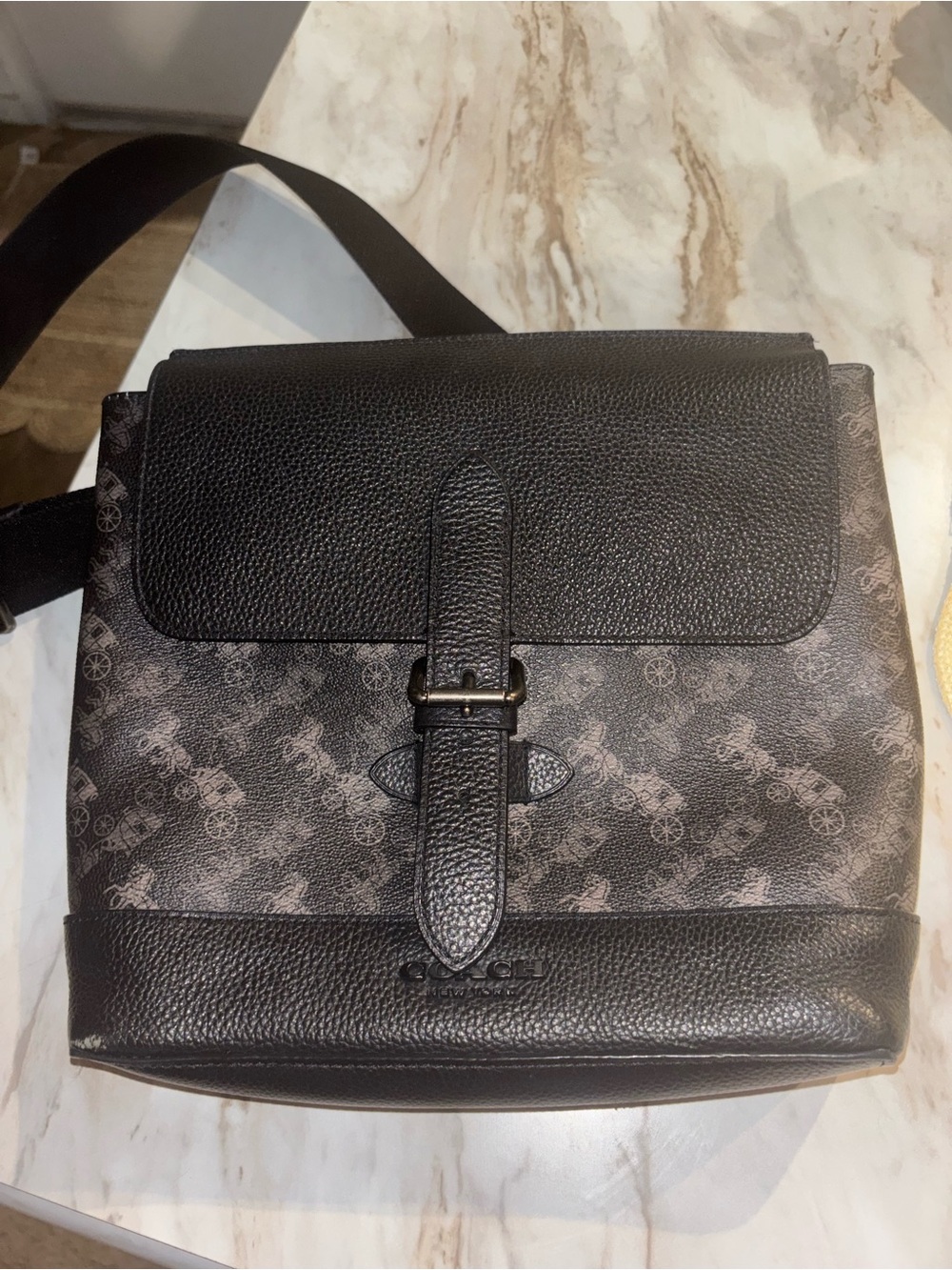 Coach Men's Black Signature Canvas Messenger Bag with Pebbled Trim